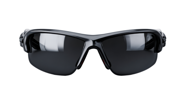 Modern black wrap-around sports sunglasses with tinted lenses, cut out transparent