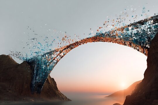 Futuristic landscape showcasing data bridge connecting mountains during vibrant sunset, symbolizing innovative technology and digital transformation in nature - Powered by Adobe