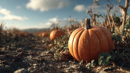 Pumpkin field extends beneath a blue sky in the autumn season, highlighting ripe orange gourds sprinkled across the ground, embodying the abundance of agriculture and the cycles of the seasons.