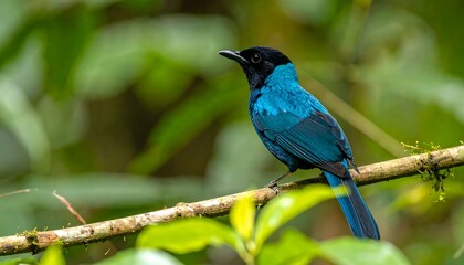 Obraz premium Vibrant blue bird perched on branch in lush forest