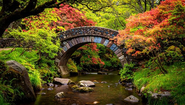 Stone arch bridge over a babbling brook in a lush garden.