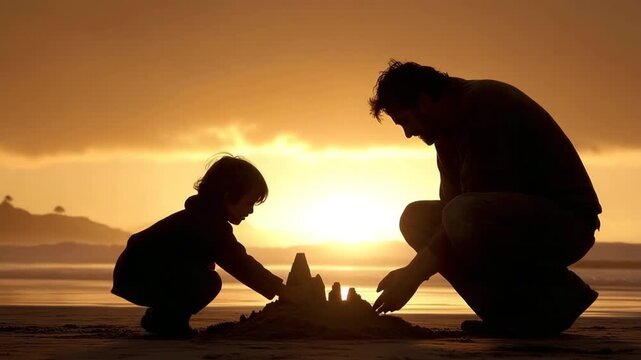 Dad and son build sandcastle at sunset on the beach
