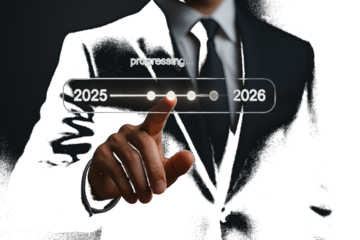 Businessman's finger touching a digital progress bar from 2025 to 2026 future timeline isolated on a transparent background