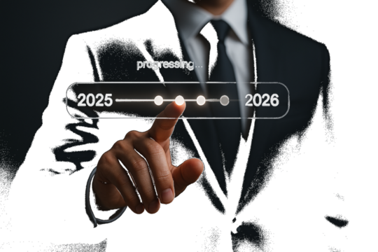 Businessman's finger touching a digital progress bar from 2025 to 2026 future timeline isolated on a transparent background
