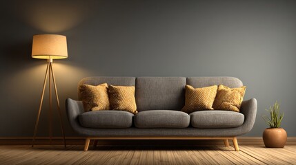 Modern living room with minimalist design, contemporary three-seater sofa, wooden legs, dark wall,