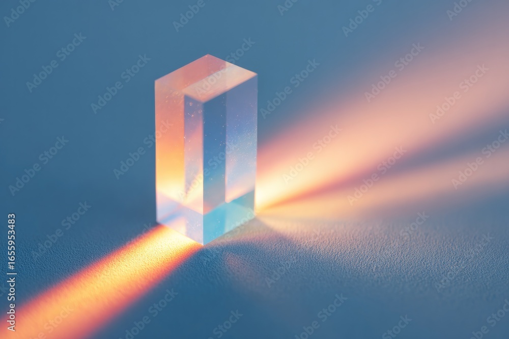 Poster light refracts through transparent prism, creating colorful rays