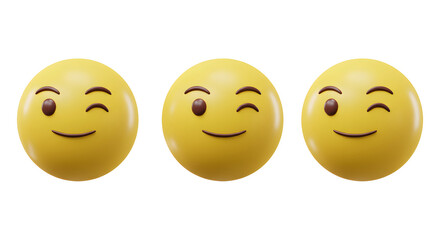 Fototapeta premium Three cheerful winking emoji illustrations on a smooth, yellow surface. These charming emoji convey happiness