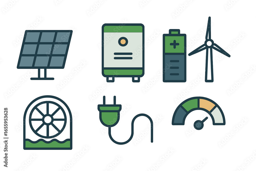 Poster clean energy icons representing renewable sources and technologies