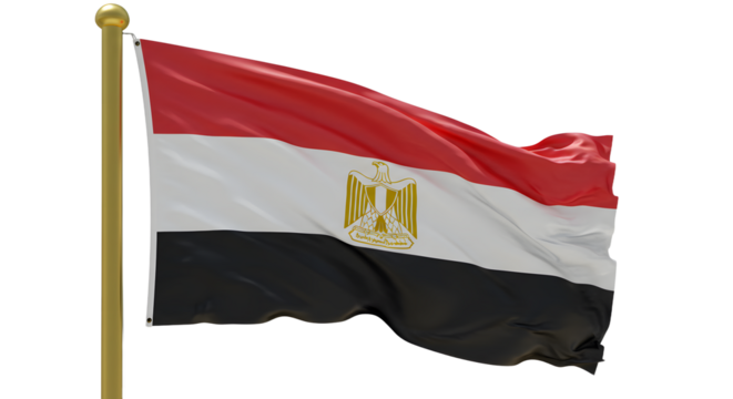 Waving flag of Egypt on flagpole isolated on white background, national symbol of Egypt perfect for patriotic and cultural projects