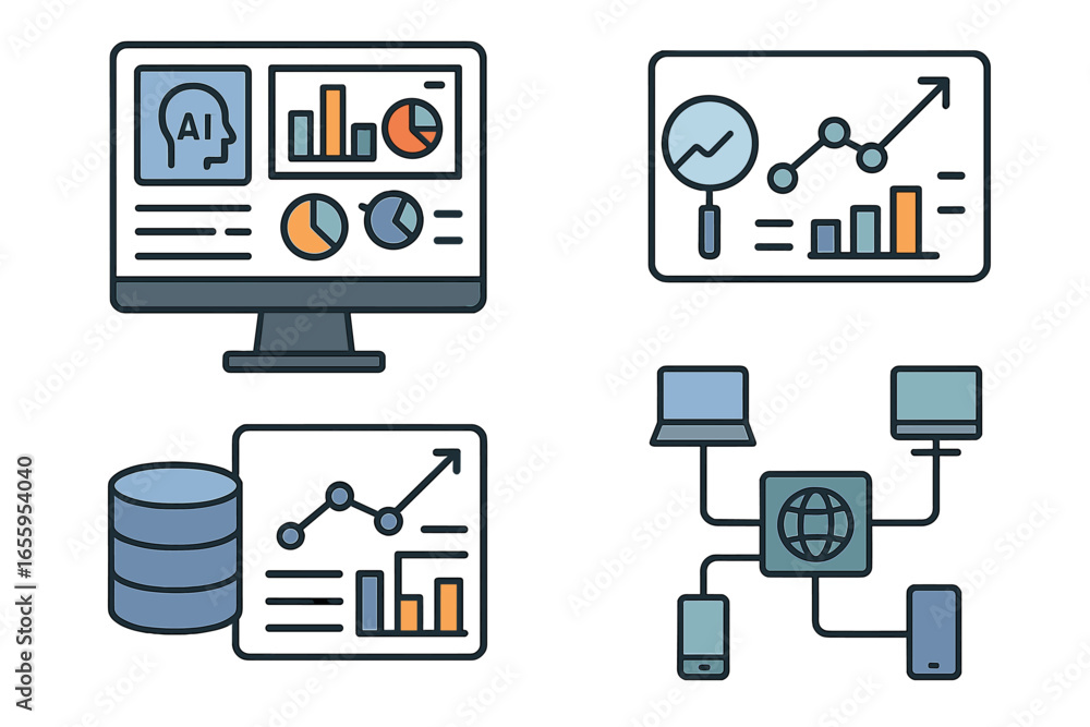 Poster vector illustration of data analysis with charts and computer graphics