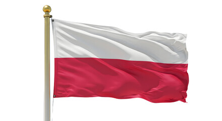Waving national flag of Poland on flagpole isolated on white background, symbol of Polish pride and patriotism
