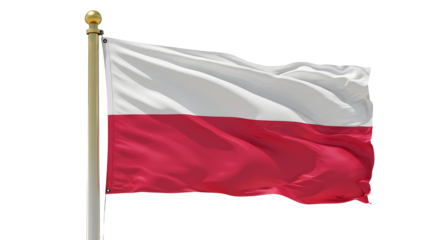 Waving national flag of Poland on flagpole isolated on white background, symbol of Polish pride and patriotism