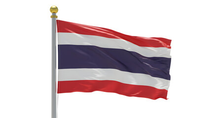 Waving Thailand national flag on pole isolated on white background, symbol of Thailand, perfect for cultural and patriotic projects