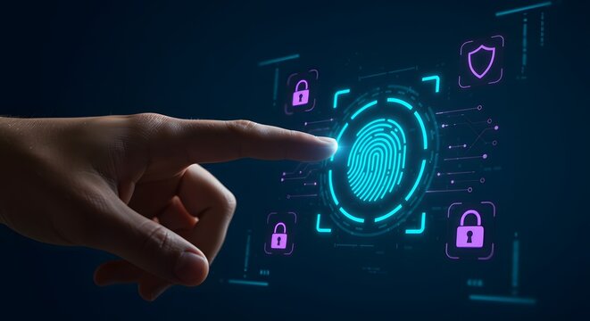 Futuristic Cybersecurity: Human Finger Activating a Luminous Biometric Fingerprint Scanner