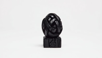 Black knotted sphere on a small, dark wooden base
