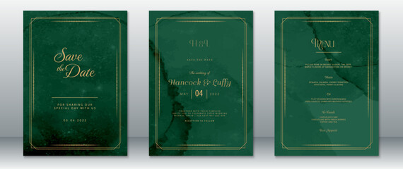 Luxury wedding invitation set with gold border accents on an emerald-green marble background. Features elegant typography and vintage layout, ideal for upscale, classic, and romantic wedding.