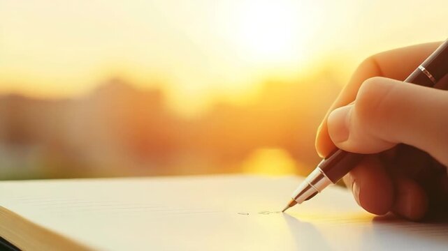 Capturing the moment of writing with a pen at sunset