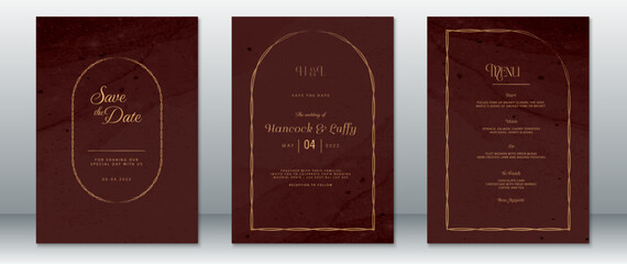 Elegant wedding invitation suite featuring a deep burgundy background with delicate gold frame accents and refined classic typography. Includes save the date, invitation, and menu card.  