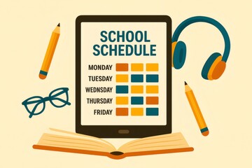School schedule on tablet with headphones, book and pencils showing learning and education concept