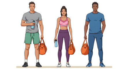 Three fitness enthusiasts standing with bags and bottles. A diverse group of individuals ready for workout activities. The setting is a gym or fitness studio