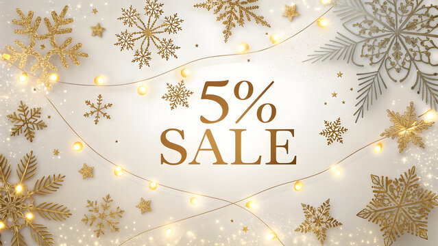 Golden snowflakes and festive lights with 5 percent sale text full hd 4k stock image download christmas