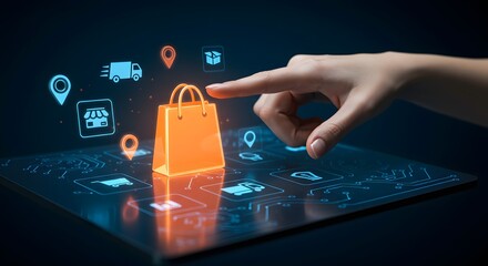 Futuristic Digital Retail: Hand Touching a Glowing Orange Shopping Bag on a Holographic Dashboard.