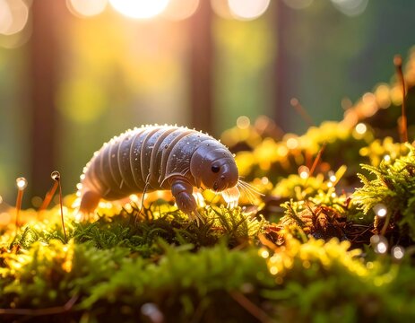 Pillbug on Moss with Forest Sunset.