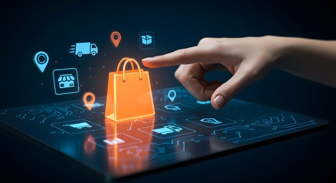Futuristic Digital Retail: Hand Touching a Glowing Orange Shopping Bag on a Holographic Dashboard.
