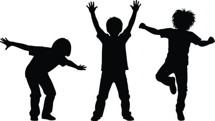 Silhouette of three active people in dynamic poses, jumping, stretching, raising arms, fitness movement, energy, exercise illustration, vector design, sport