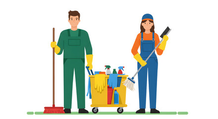 Two cleaning professionals stand proudly, next to a cart filled with cleaning supplies, embodying a message of cleanliness and dedication