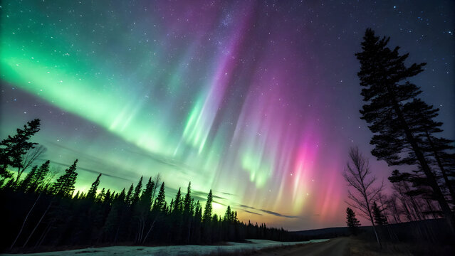 Vibrant green and purple aurora borealis illuminates a starry night sky over a dark forest and snowy landscape full hd 4k stock image download - Powered by Adobe