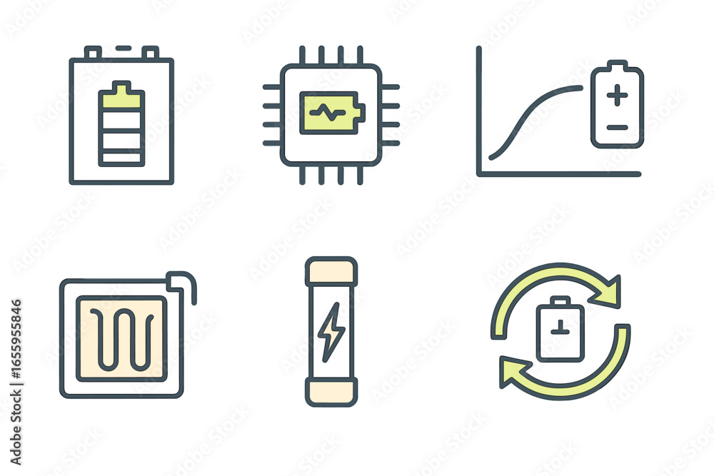 Poster battery technology icons showcasing various components and functions