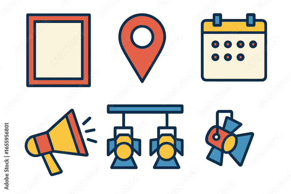 Poster collection of colorful vector icons for event planning and navigation