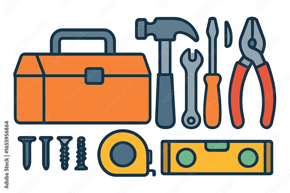 Poster essential toolbox with various tools for home improvement tasks