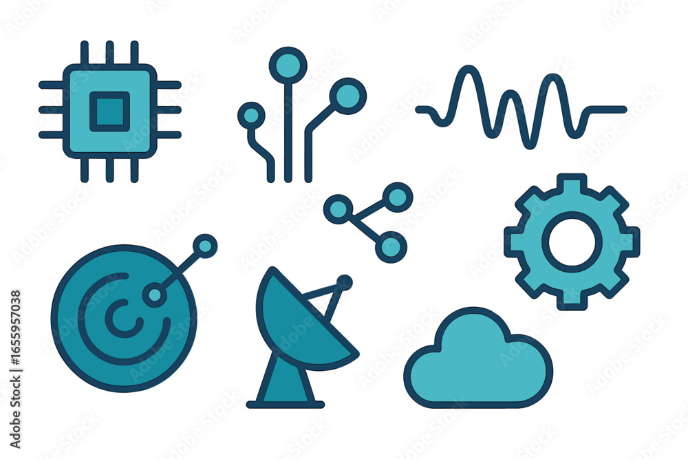 Poster modern technology icons illustrating data processing and communication