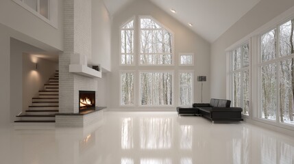 Modern minimalist living room with high ceilings, large windows, abundant natural light, white palette,
