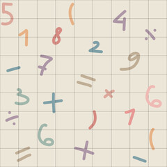 Seamless pastel math pattern with numbers, formulas, and geometry doodles. Cute vector design for kids school backgrounds, notebooks, and educational wallpapers, not ai.