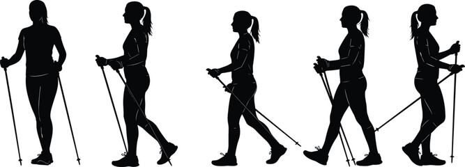 Obraz premium Silhouette of women, Nordic walking, fitness exercise, outdoor activity, trekking poles, healthy lifestyle, sport, physical movement, isolated, vector illustration