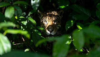 Jaguar Hiding in Rainforest.