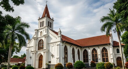 Obraz premium Historic White Christian Church with Neo-Gothic Architecture and Red Roof.