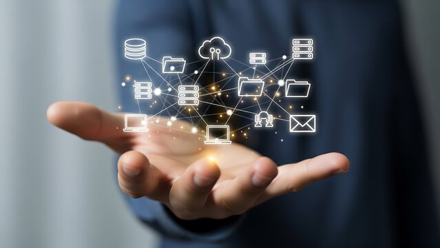 Hand holding digital network of cloud computing icons