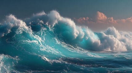 Powerful ocean wave crashing at horizon with vast empty sky for text overlay, ideal for motivational quotes, nature and travel concepts, showcasing dynamic water and serene atmosphere.