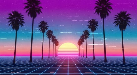 Retro synthwave sunset with palm trees and grid road, vaporwave aesthetic.