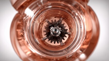 Close-up of a copper-toned blender's internal mechanism