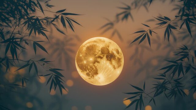 Bamboo Forest Under Golden Full Moon with Pulsing Light