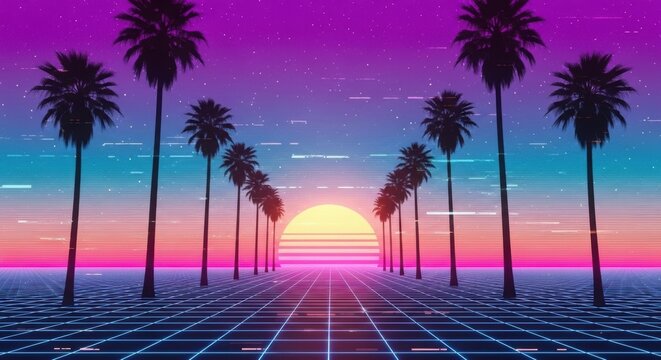 Retro synthwave sunset with palm trees and grid road, vaporwave aesthetic.