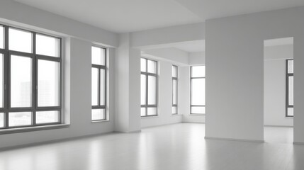 A minimalist monochromatic interior with high ceilings and large floor to ceiling windows, bathed in natural light,