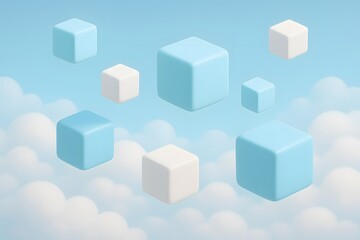 Naklejka premium 3D illustration featuring multiple floating cubes in soft pastel shades of blue and white, suspended above fluffy cloud-like formations with a gradient sky background