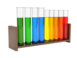 Side Perspective Laboratory Test Tubes with Colorful Gradient Fluids and Prism Light Effect, Scientific Illustration Isolated  