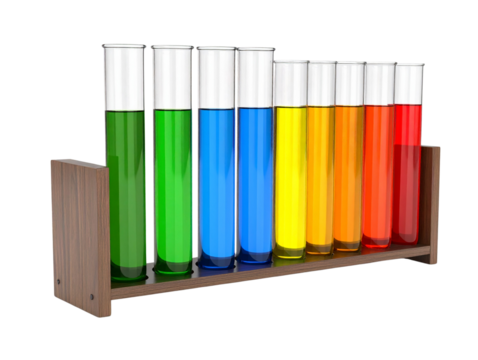 Side Perspective Laboratory Test Tubes with Colorful Gradient Fluids and Prism Light Effect, Scientific Illustration Isolated  